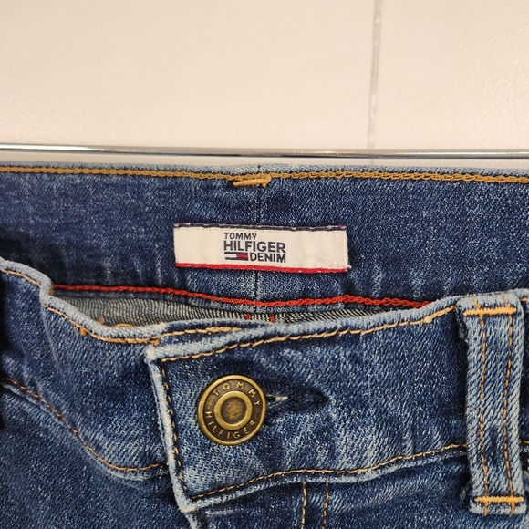 Vintage Y2K Tommy Hilfiger Zipper Jeans High Rise Stretchy Raw Hem Red Logo 34 - Picture 9 of 12